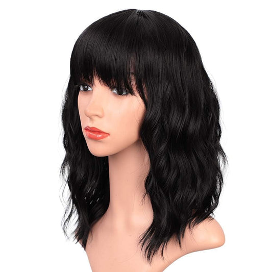 ENTRANCED STYLES Black Wigs with Bangs for Women 14 Inches Synthetic Curly Bob Wig for Girl Natural Looking Wavy Wigs …