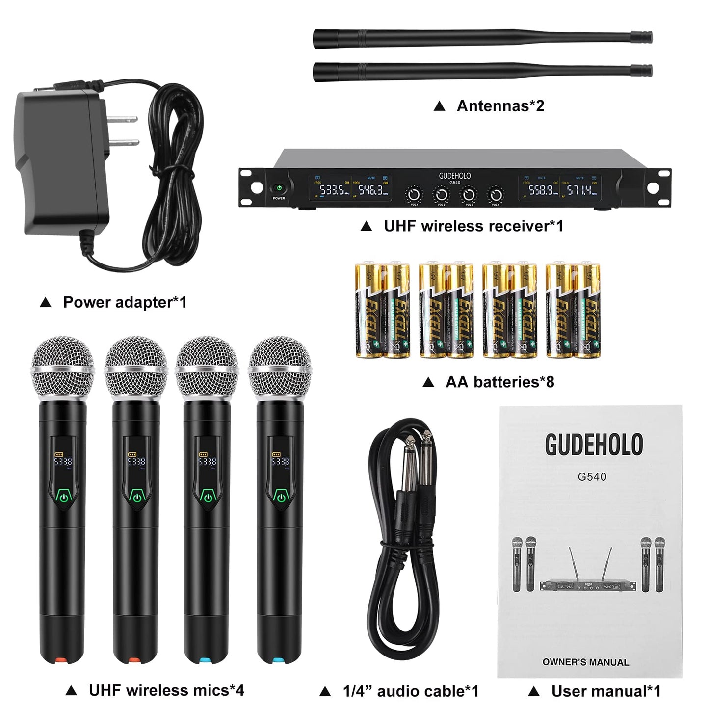 4-Channel Wireless Microphone System, Quad UHF Metal Cordless Mic, 4x25 Channels, Professional Cordless Mic System for Church, DJ, Karaoke,Wedding, Home KTV Set