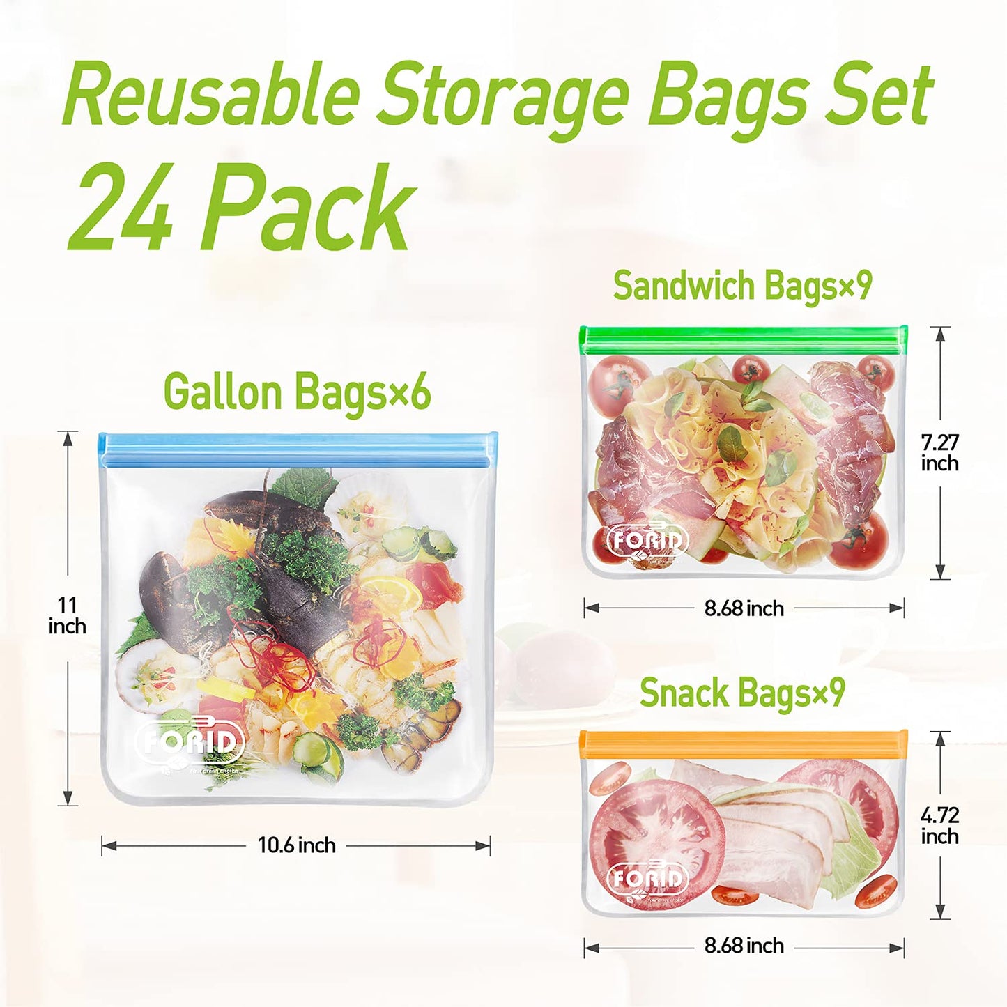 24 Pack Reusable Food Storage Bags - Non Plastic & Silicone Gallon Freezer Bags Sandwich Snack Resealable Lunch Bags Extra Thick Leakproof for Marinate Food & Fruit Cereal Travel Items Home Kitchen