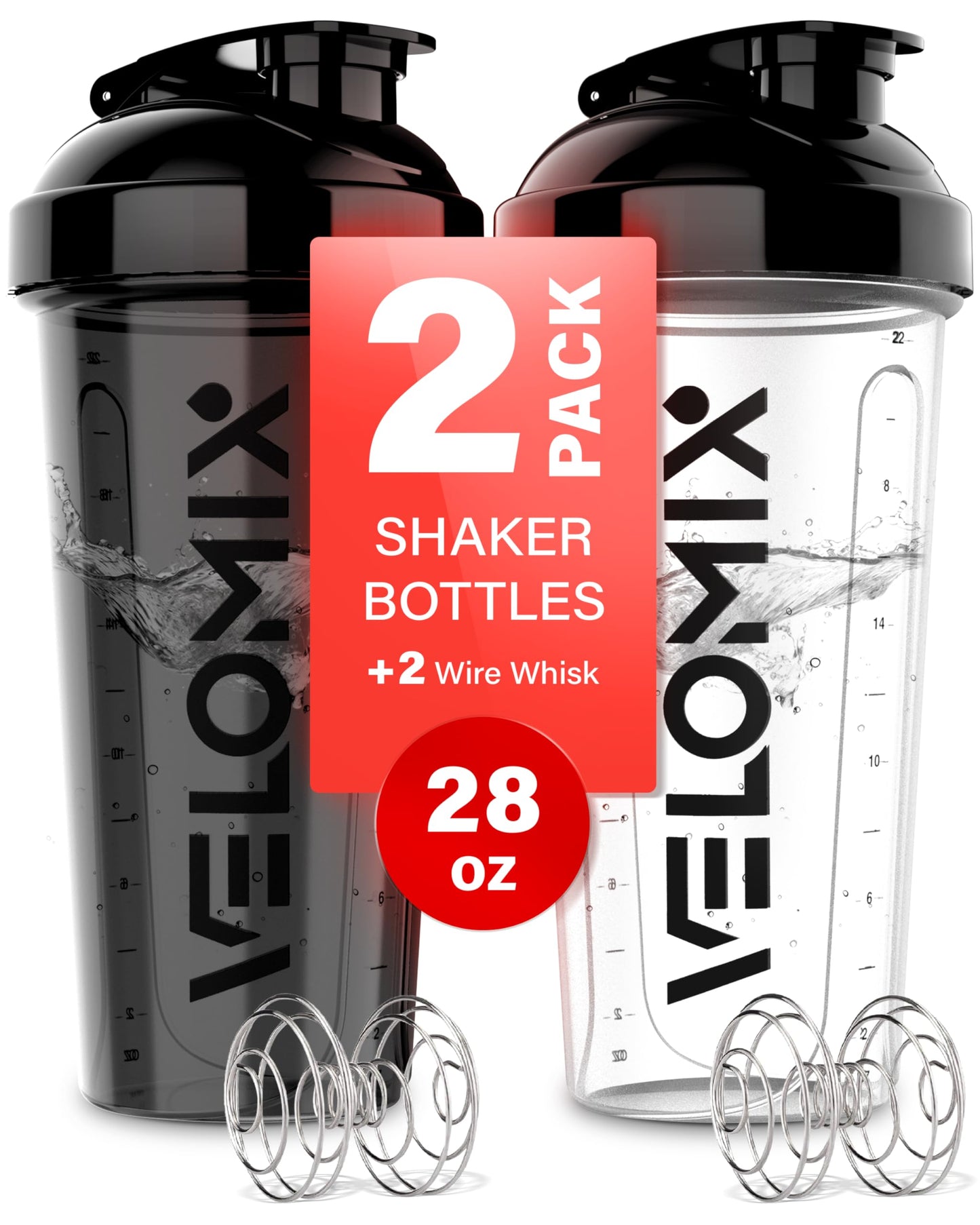 -2 Pack- 28 oz Protein Shaker Bottles for Protein Mixes - 2x Wire Whisk | Leak Proof Shaker Cups for Protein Shakes | Protein Shaker Bottle Pack | Shakers for Protein Shakes-Black&Transparent